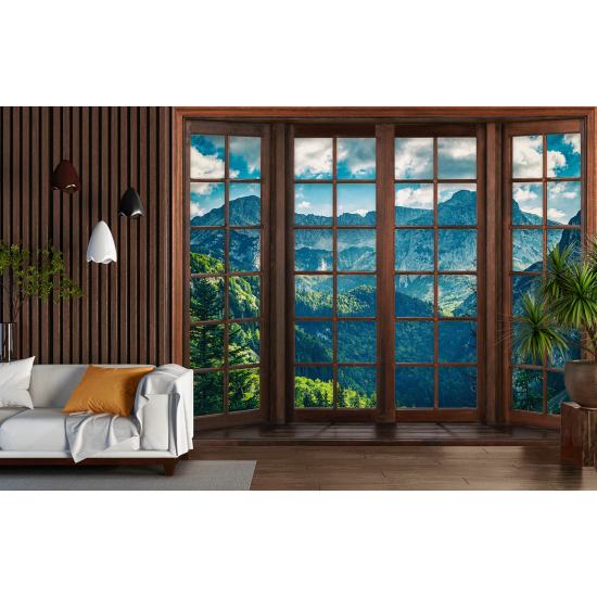 Optical Illusion Panoramic Wood Window Wall Mural / Wallpaper - Mountains