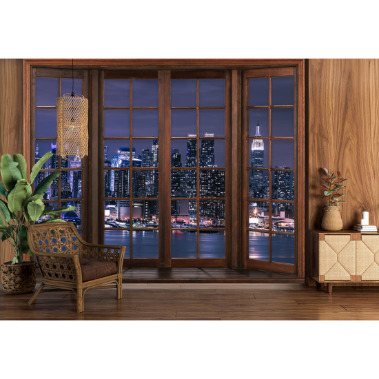 Optical Illusion Panoramic Wood Window Wall Mural / Wallpaper - New York