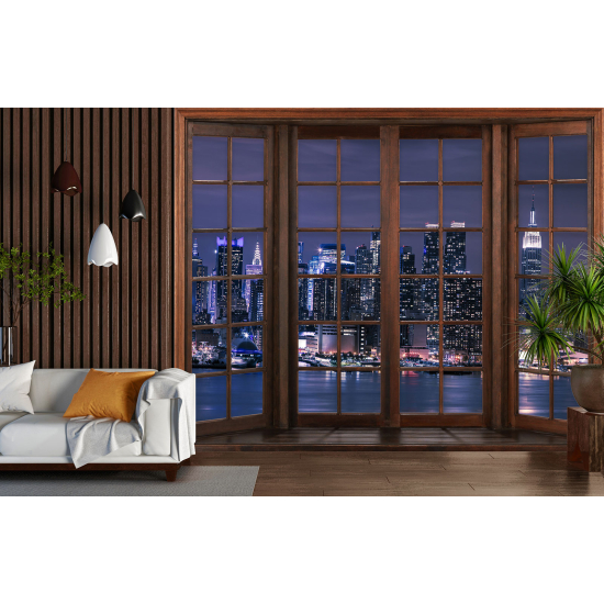 Optical Illusion Panoramic Wood Window Wall Mural / Wallpaper - New York