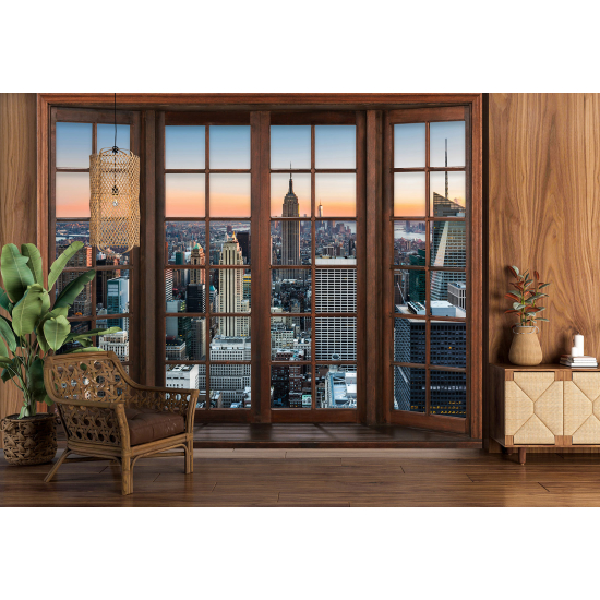 Optical Illusion Panoramic Wood Window Wall Mural / Wallpaper - New York