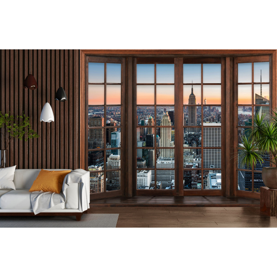 Optical Illusion Panoramic Wood Window Wall Mural / Wallpaper - New York