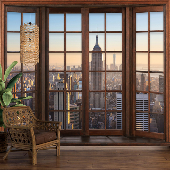 Optical Illusion Panoramic Wood Window Wall Mural / Wallpaper - New York