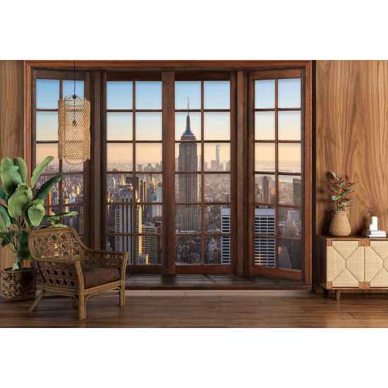 Optical Illusion Panoramic Wood Window Wall Mural / Wallpaper - New York