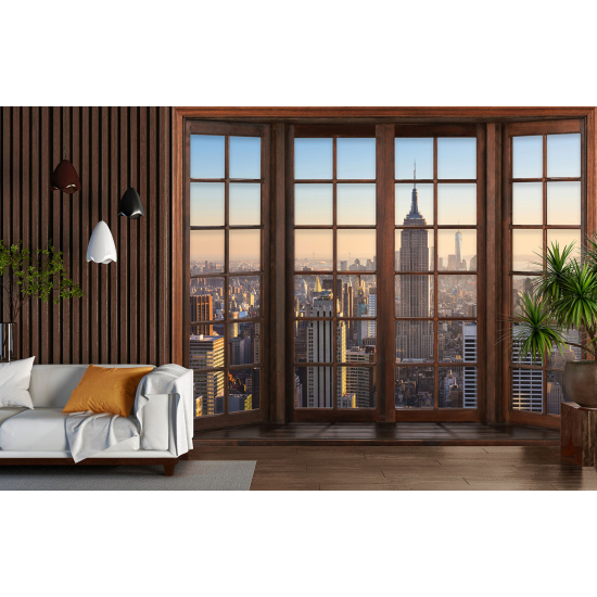 Optical Illusion Panoramic Wood Window Wall Mural / Wallpaper - New York