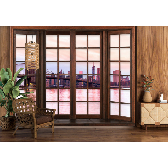 Optical Illusion Panoramic Wood Window Wall Mural / Wallpaper - New York