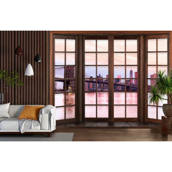 Optical Illusion Panoramic Wood Window Wall Mural / Wallpaper - New York