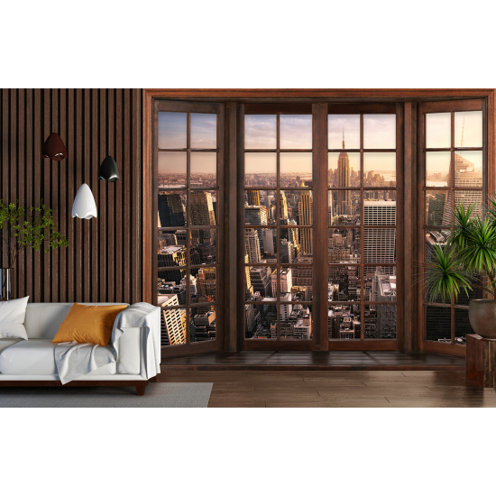 Optical Illusion Panoramic Wood Window Wall Mural / Wallpaper - New York