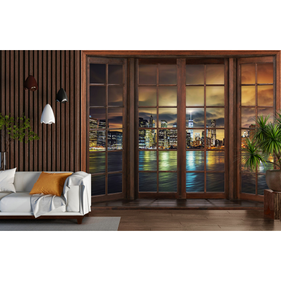 Optical Illusion Panoramic Wood Window Wall Mural / Wallpaper - New York