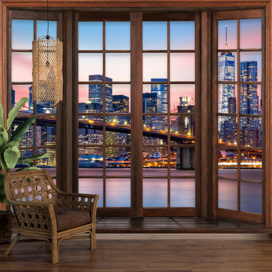 Optical Illusion Panoramic Wood Window Wall Mural / Wallpaper - New York