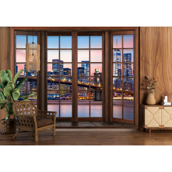 Optical Illusion Panoramic Wood Window Wall Mural / Wallpaper - New York