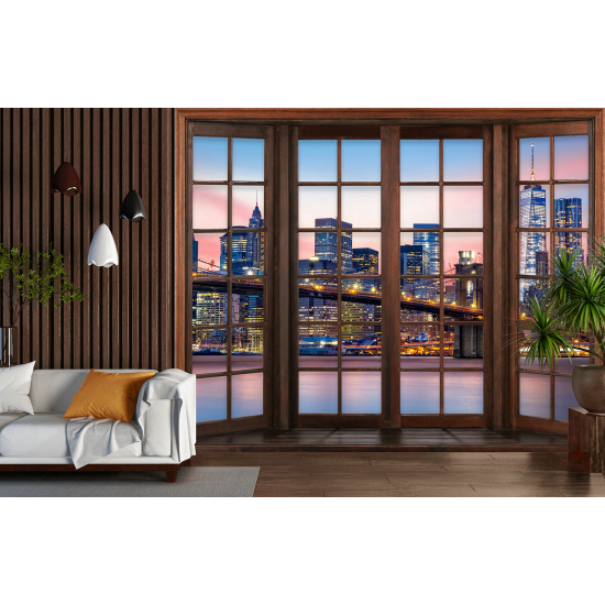 Optical Illusion Panoramic Wood Window Wall Mural / Wallpaper - New York