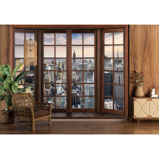 Optical Illusion Panoramic Wood Window Wall Mural / Wallpaper - New York