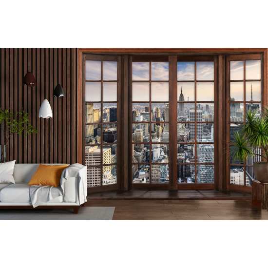 Optical Illusion Panoramic Wood Window Wall Mural / Wallpaper - New York