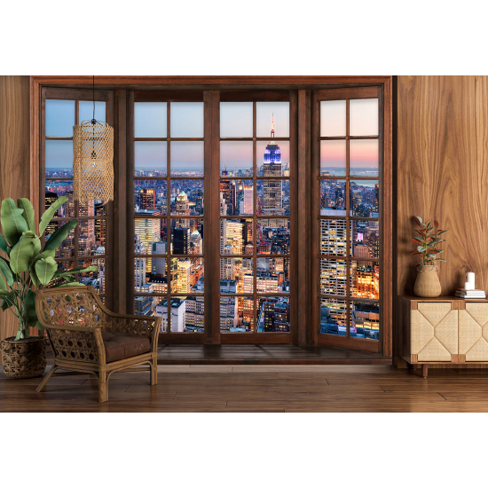 Optical Illusion Panoramic Wood Window Wall Mural / Wallpaper - New York