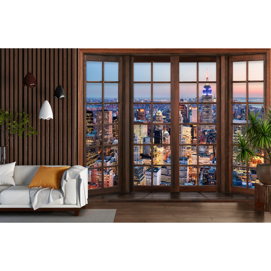 Optical Illusion Panoramic Wood Window Wall Mural / Wallpaper - New York