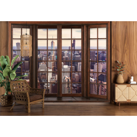 Optical Illusion Panoramic Wood Window Wall Mural / Wallpaper - New York