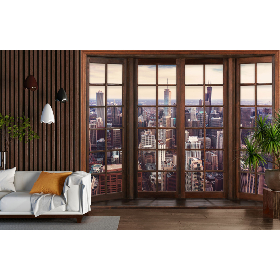 Optical Illusion Panoramic Wood Window Wall Mural / Wallpaper - New York