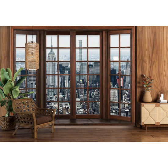 Optical Illusion Panoramic Wood Window Wall Mural / Wallpaper - New York