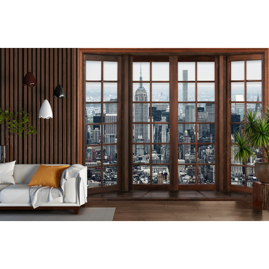 Optical Illusion Panoramic Wood Window Wall Mural / Wallpaper - New York