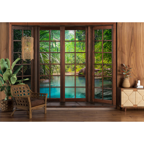 Optical Illusion Panoramic Wood Window Wall Mural / Wallpaper - Paradise River