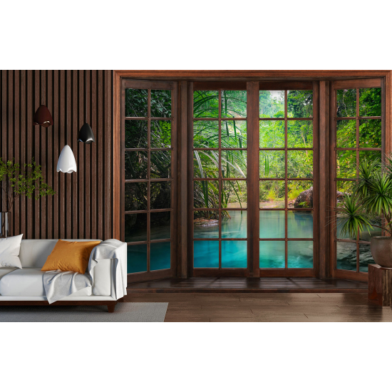 Optical Illusion Panoramic Wood Window Wall Mural / Wallpaper - Paradise River