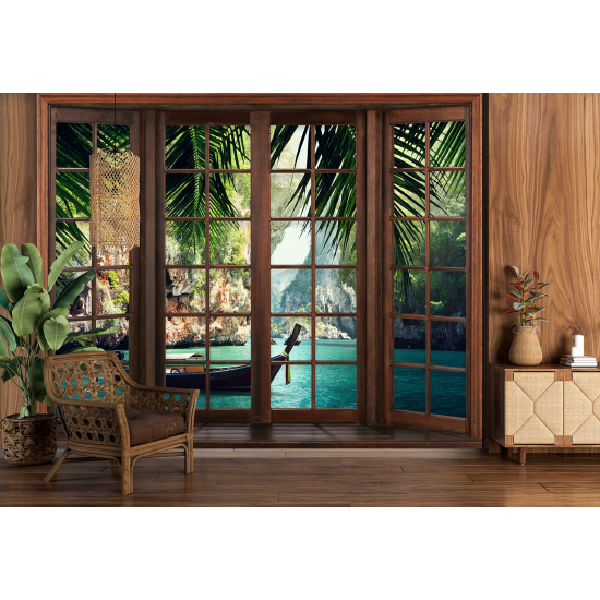 Optical Illusion Panoramic Wood Window Wall Mural / Wallpaper - Paradisiacal