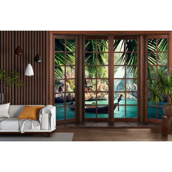 Optical Illusion Panoramic Wood Window Wall Mural / Wallpaper - Paradisiacal