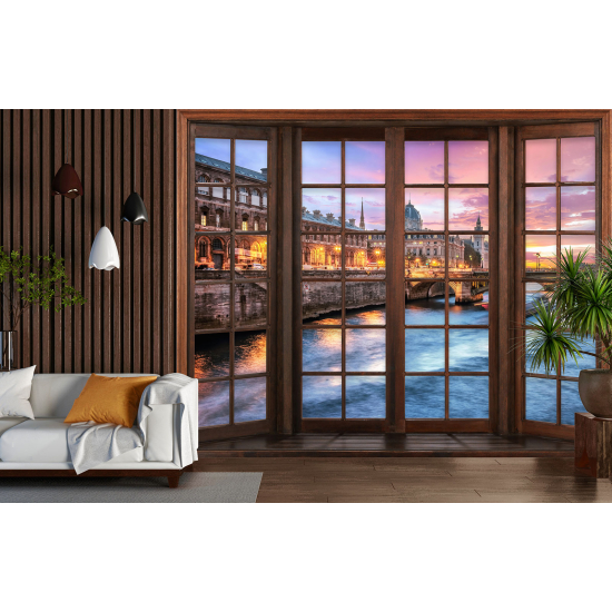 Optical Illusion Panoramic Wood Window Wall Mural / Wallpaper - Paris