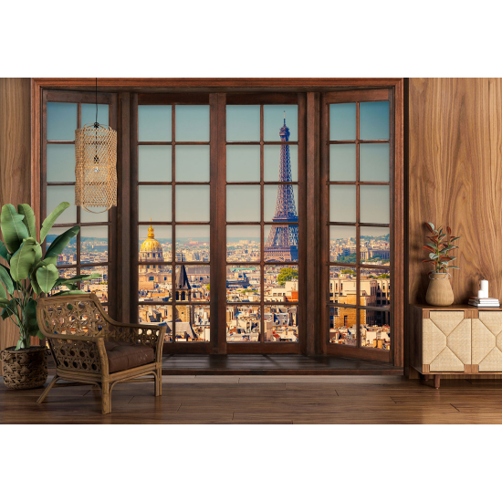 Optical Illusion Panoramic Wood Window Wall Mural / Wallpaper - Paris Eiffel Tower