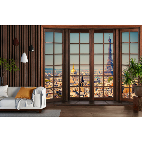 Optical Illusion Panoramic Wood Window Wall Mural / Wallpaper - Paris Eiffel Tower