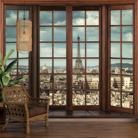 Optical Illusion Panoramic Wood Window Wall Mural / Wallpaper - Paris Eiffel Tower