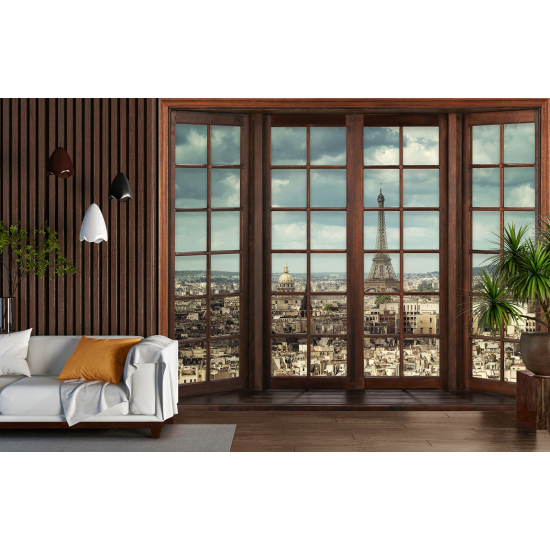 Optical Illusion Panoramic Wood Window Wall Mural / Wallpaper - Paris Eiffel Tower