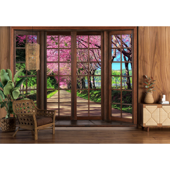 Optical Illusion Panoramic Wood Window Wall Mural / Wallpaper - Path