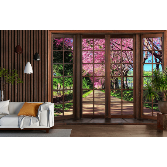 Optical Illusion Panoramic Wood Window Wall Mural / Wallpaper - Path