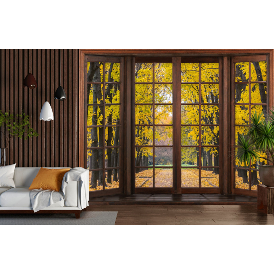 Optical Illusion Panoramic Wood Window Wall Mural / Wallpaper - Path