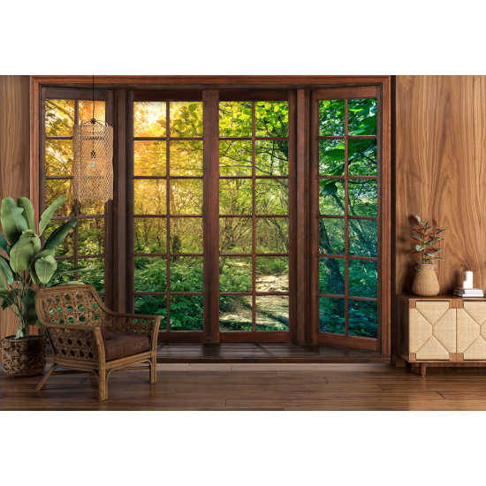 Optical Illusion Panoramic Wood Window Wall Mural / Wallpaper - Path