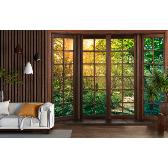 Optical Illusion Panoramic Wood Window Wall Mural / Wallpaper - Path