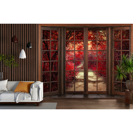 Optical Illusion Panoramic Wood Window Wall Mural / Wallpaper - Path