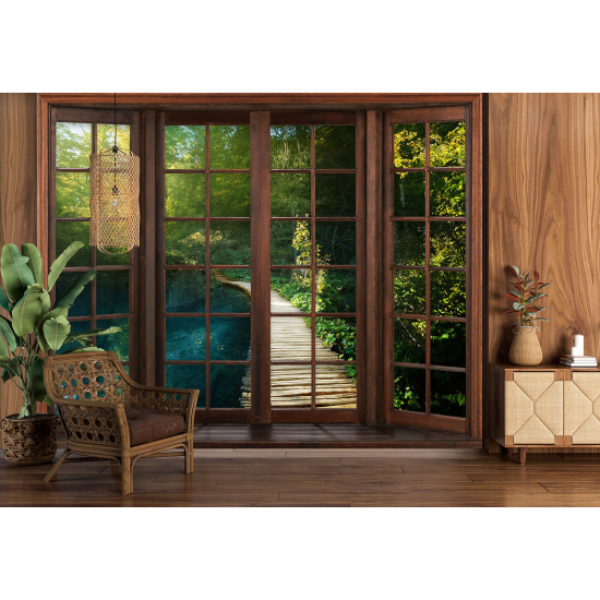 Optical Illusion Panoramic Wood Window Wall Mural / Wallpaper - Pontoon