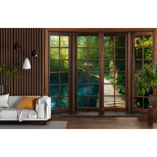 Optical Illusion Panoramic Wood Window Wall Mural / Wallpaper - Pontoon