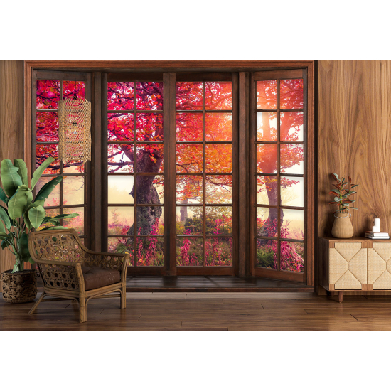 Optical Illusion Panoramic Wood Window Wall Mural / Wallpaper - Red-leaved trees