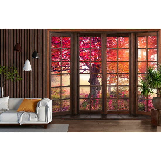 Optical Illusion Panoramic Wood Window Wall Mural / Wallpaper - Red-leaved trees