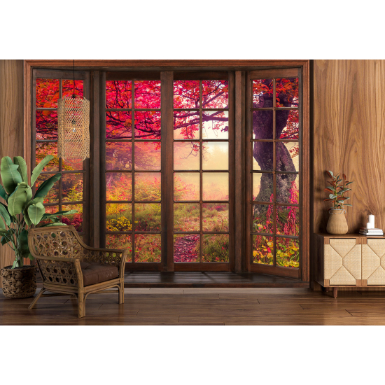 Optical Illusion Panoramic Wood Window Wall Mural / Wallpaper - Red-leaved trees