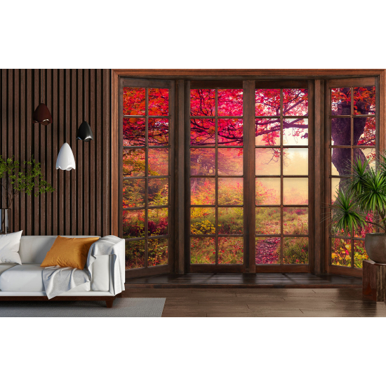 Optical Illusion Panoramic Wood Window Wall Mural / Wallpaper - Red-leaved trees