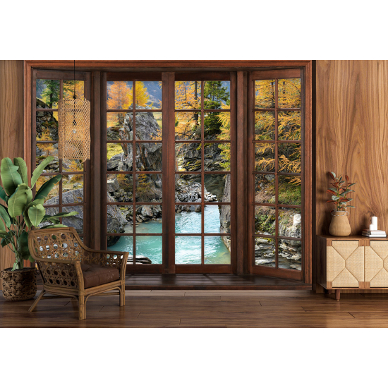 Optical Illusion Panoramic Wood Window Wall Mural / Wallpaper - River