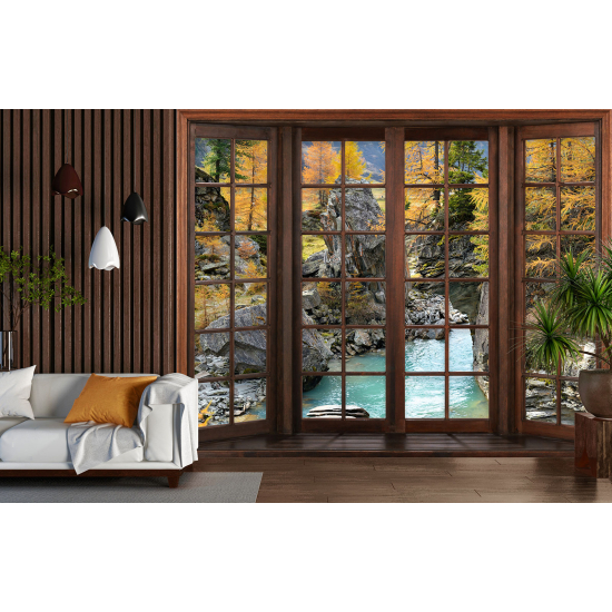 Optical Illusion Panoramic Wood Window Wall Mural / Wallpaper - River