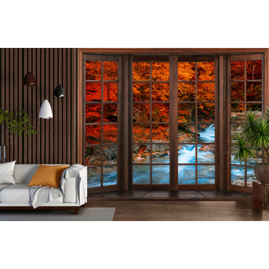 Optical Illusion Panoramic Wood Window Wall Mural / Wallpaper - River