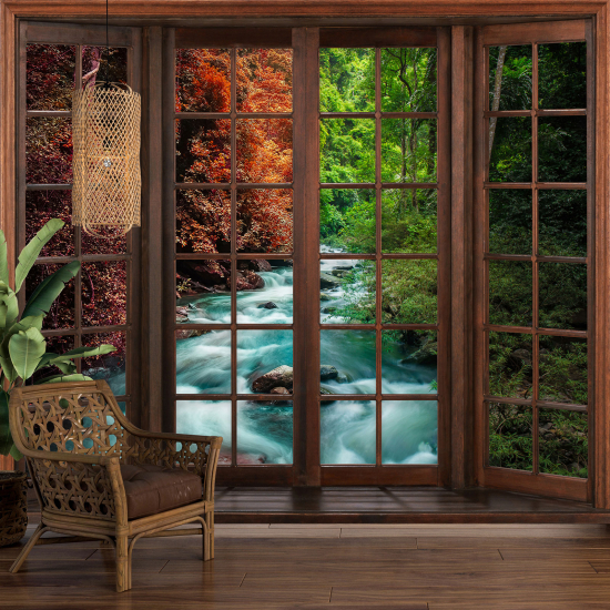 Optical Illusion Panoramic Wood Window Wall Mural / Wallpaper - River