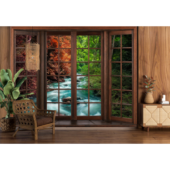 Optical Illusion Panoramic Wood Window Wall Mural / Wallpaper - River