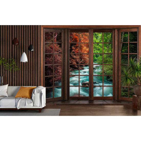 Optical Illusion Panoramic Wood Window Wall Mural / Wallpaper - River